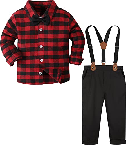 mintgreen Baby Junge Outfits Set 4tlg Kleinkind Weihnachten Hochzeit Anzug Gentleman Kariertes Hemd + Fliege + Hose + Hosenträger, Rot Kariert, 4-5 Jahre, 120 von mintgreen