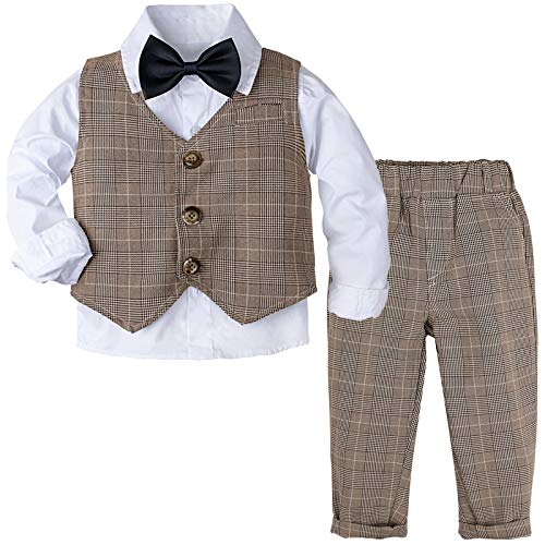 mintgreen Baby Jungen 4 Stück Gentelman Anzug Outfits Krawatte Hemd +Fliege + Weste + Hosen Kleinkinder Kleidung, Khaki Plaid, 12-18 Monate, 80 von mintgreen