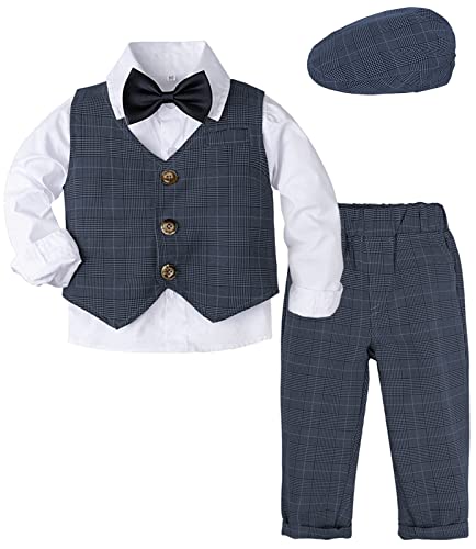 mintgreen Baby Anzug Junge, Hochzeit Taufe Smoking Gentleman Outfits mit Kappe, Marineblau Kariert, 3-4 Jahre, 110 von mintgreen