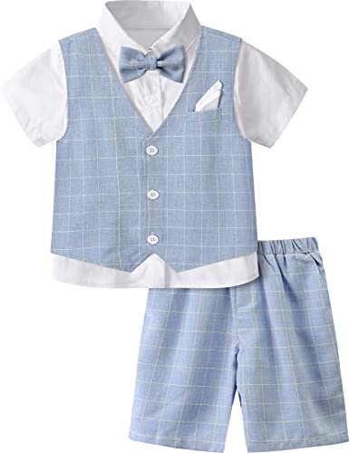 mintgreen Junge Gentleman Anzug, Kinder Hochzeit Outfits Formal Kurzärmeliges Hemd Hose Weste Bowtie Einstecktücher Satz, Blau, 5-6 Jahre, 120 von mintgreen