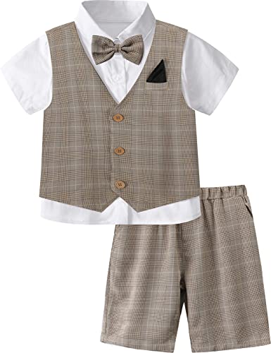 mintgreen Junge Gentleman Anzug, Kinder Hochzeit Outfits Formal Kurzärmeliges Hemd Hose Weste Bowtie Einstecktücher Satz, Khaki, 10-11 Jahre, 150 von mintgreen