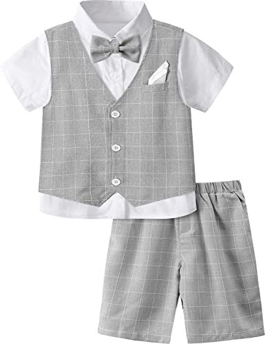 mintgreen Junge Gentleman Anzug, Kinder Hochzeit Outfits Formal Kurzärmeliges Hemd Hose Weste Bowtie Einstecktücher Satz, Lichtgrauau, 5-6 Jahre, 120 von mintgreen