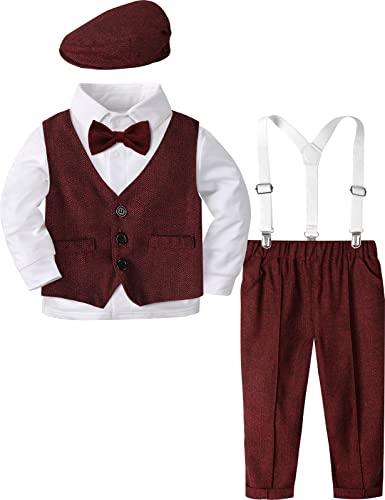mintgreen Kinder Anzug Junge Hochzeit Kleinkind Weihnachts Outfit Smoking mit Baskenmütze, Rot, 2-3 Jahre,100 von mintgreen
