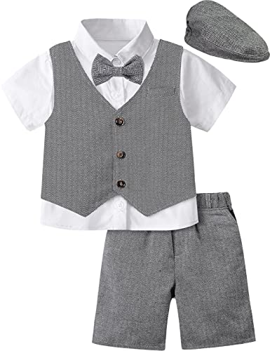 mintgreen Neugeborene Junge Taufe Outfit mit Hut Smoking Anzug 4er Setz, Grauschwarz, 12-18 Monate, 80 von mintgreen