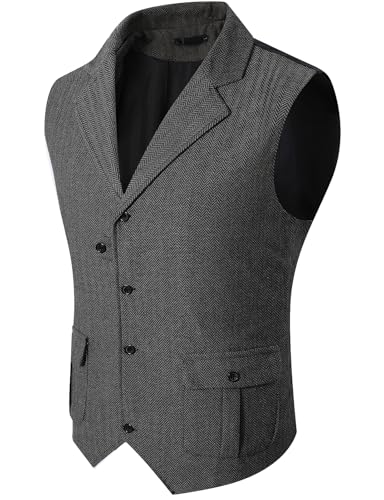 mintgreen Weste Herren Anzug, Vintage Tweed Fischgrätmuster V-Ausschnitt Regular Fit Freizeit-Weste, Grau, XXL von mintgreen