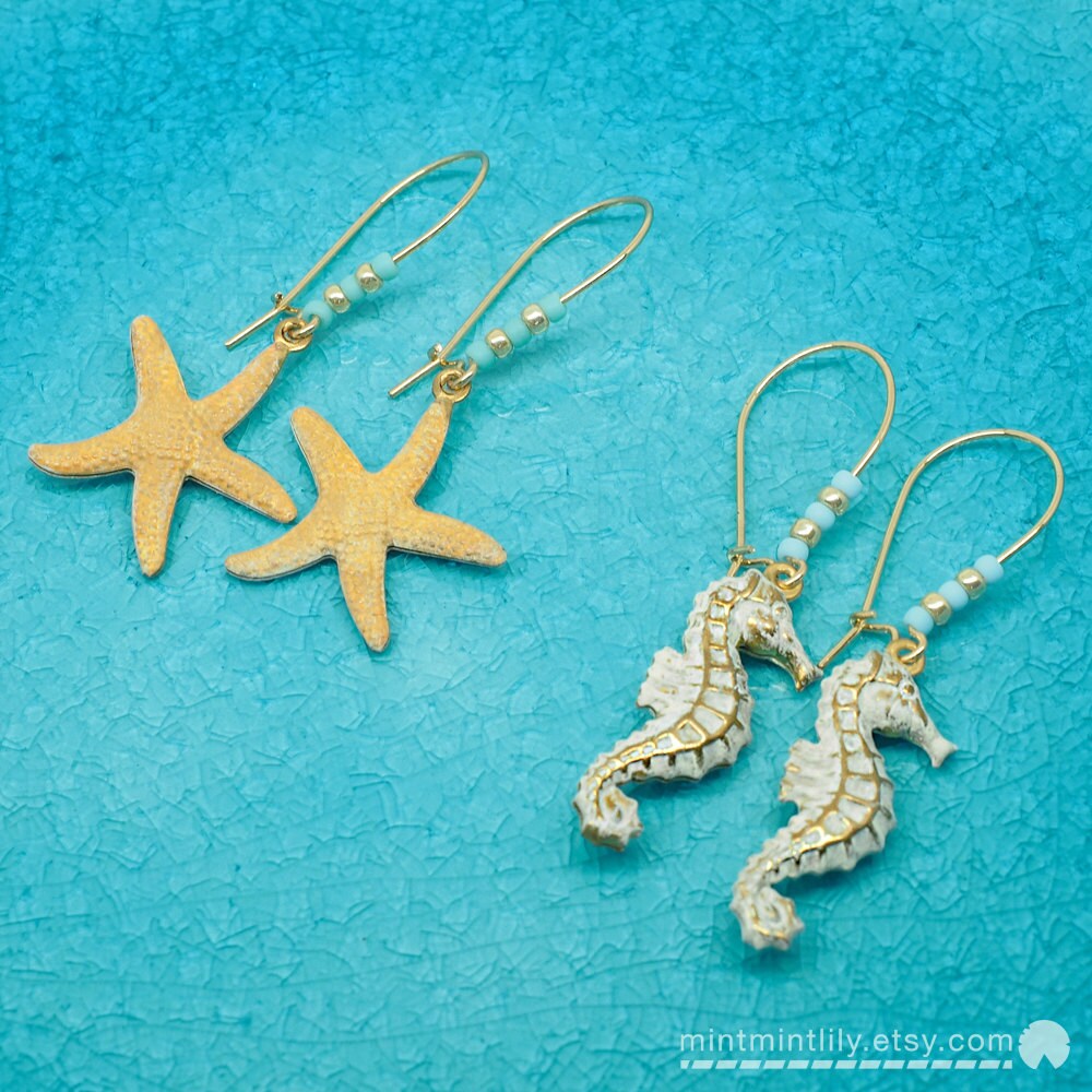 Seepferdchen & Seestern 16K Vergoldet Nieren Ohrringe Sommer Strand Schmuck Seepferdchen & Seestern 16K Vergoldet Nieren Ohrringe Sommer Strand Schmuck von mintmintlily