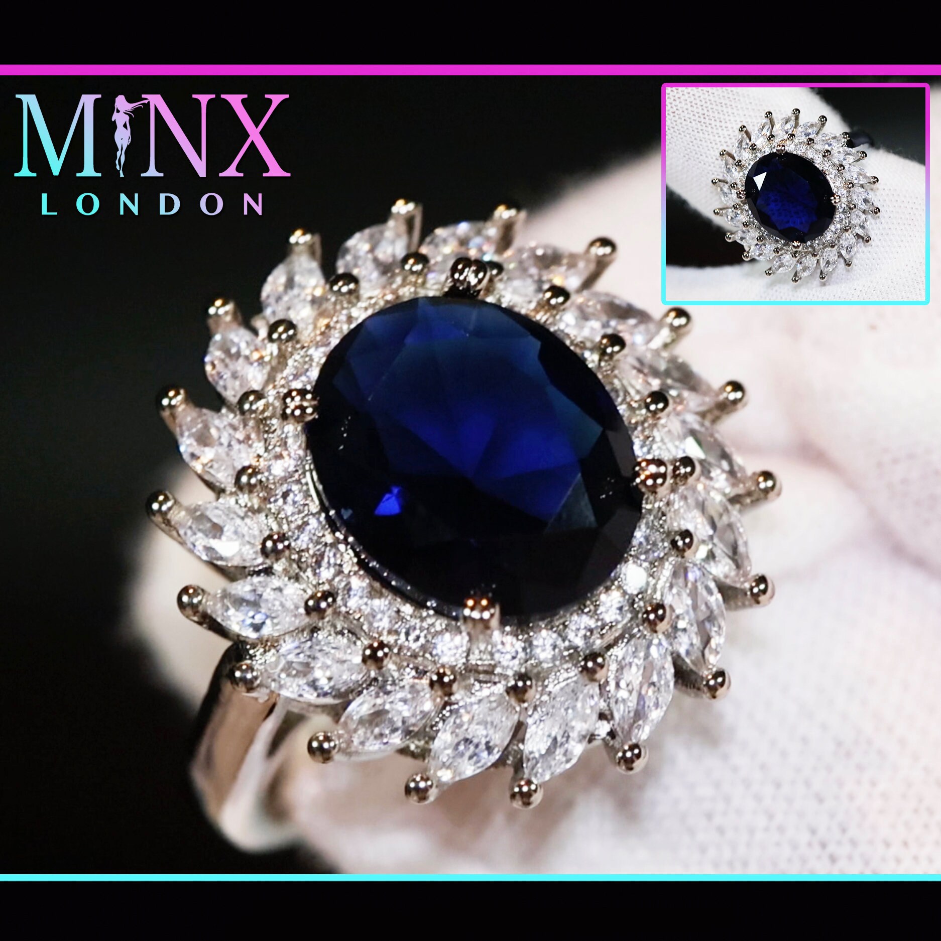 Saphir Blauer Diamant Ring | Diamant-Verlobungsring Blau Ehering Mit Heiligenschein von minxlondon007