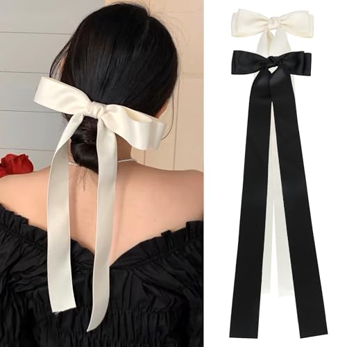53,3 cm langer Schwanz, seidige Satin-Haarbänder und Pferdeschwanzhalter für Damen, mit Metall-Haarspangen, 2 Stück (Schwarz und Weiß) von mishdacthgd