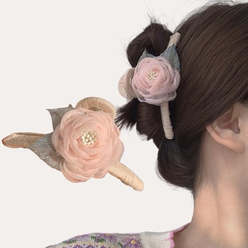 Blumen-Haarspange mit Spitzenkanten, für Damen und Mädchen, Rosen- und Kamelien-Design, rutschfest, Haarschmuck für dickes Haar, niedliche Haarklammern, Hellrosa von mishdacthgd