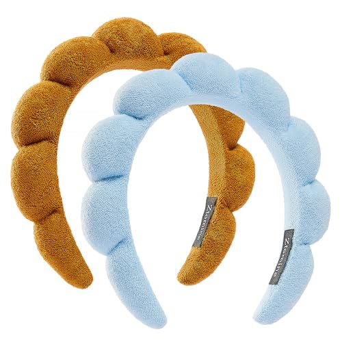 Frottee-Gesichts-Stirnbänder, Set mit 2 Hautpflege-Kombi-Packung – Puffy Make-up-Stirnbänder zum Waschen des Gesichts und Masken (Blau + Dunkles Khaki) von mishdacthgd
