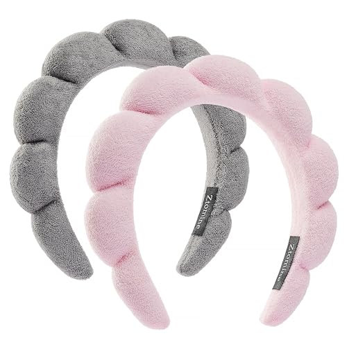 Frottee-Haarband, Kombi-Pack – 2 geschwollene Make-up-Stirnbänder für Gesichtspflege, Gesichtswäsche und Maskenanwendung (Rosa + Grau) von mishdacthgd