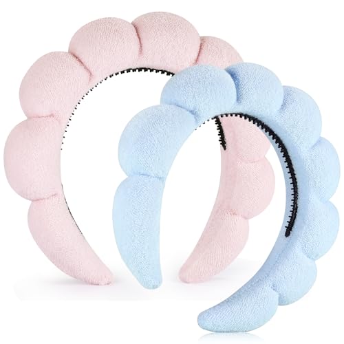 Stirnbänder zum Waschen von Gesicht oder Gesicht, Set mit 2 Hautpflege-Stirnbändern, Frottee-Stirnband, Kombi-Pack – Puffy Make-up, Waschmaske, Hautbehandlung, Blau + Rosa von mishdacthgd
