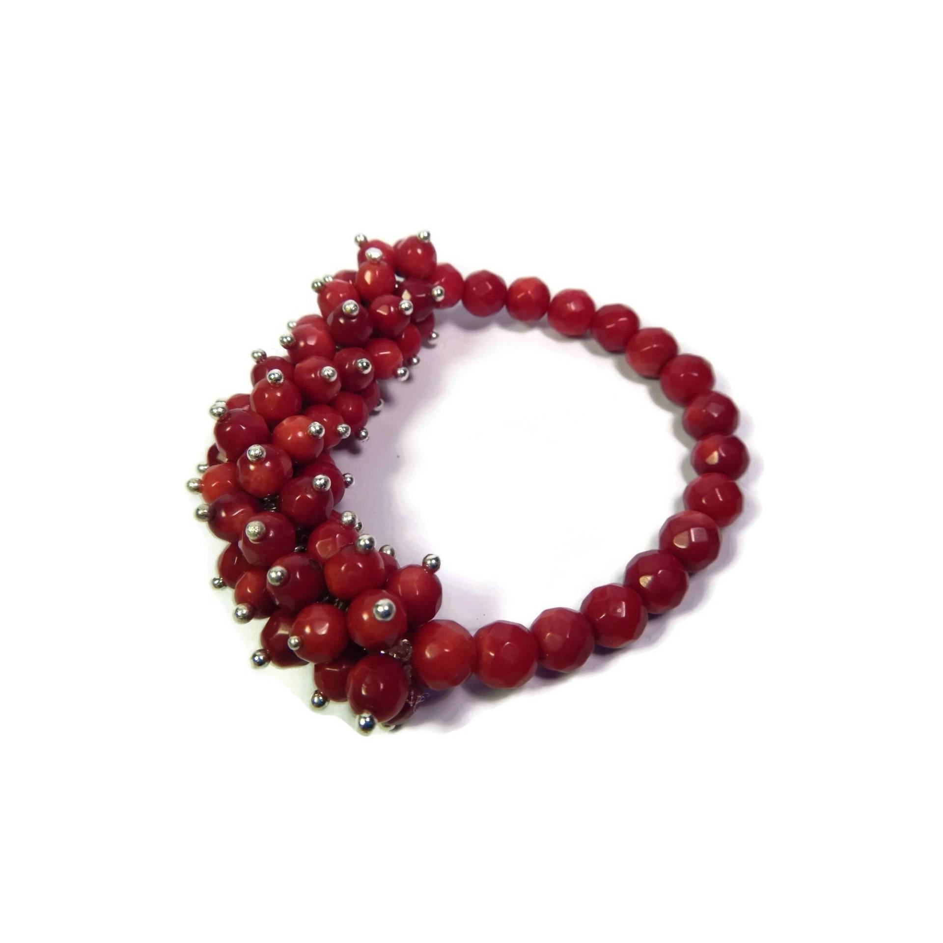 Coral Anemone - Rot-Silber-Armband Hand Geschlungene Perlencluster Stretch Echte Koralle Coral Anemone - Rot-Silber-Armband Hand Geschlungene Perlencluster Stretch Echte Koralle von mishimon