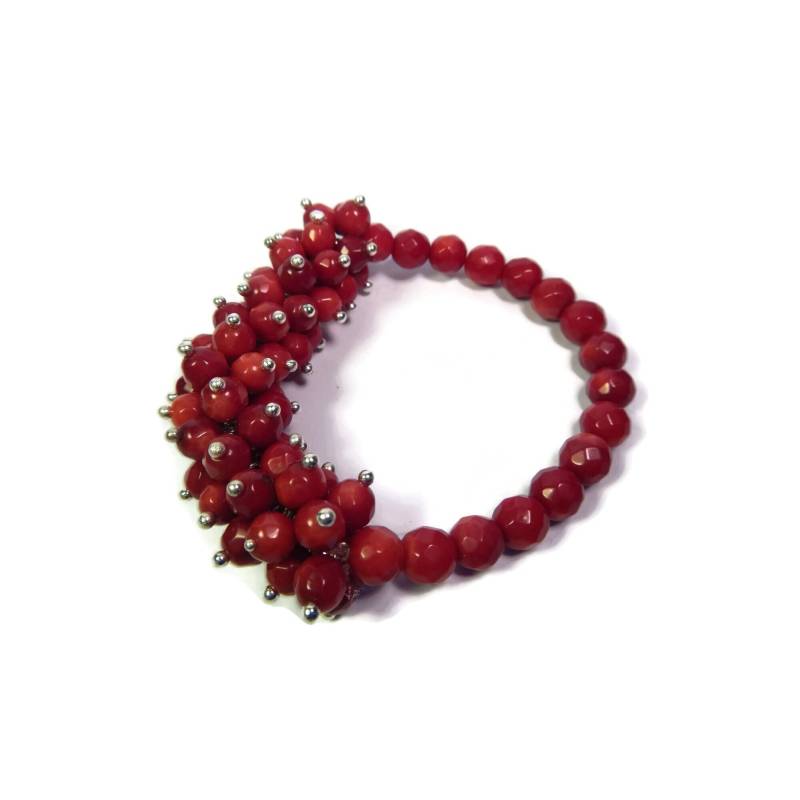 Coral Anemone - Rot-Silber-Armband Hand Geschlungene Perlencluster Stretch Echte Koralle Coral Anemone - Rot-Silber-Armband Hand Geschlungene Perlencluster Stretch Echte Koralle von mishimon