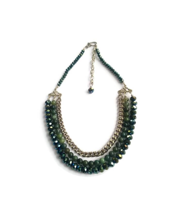 Kleopatra - Grüne Statement Halskette 3-Strang Perlenbesetzte Edelsteinkette Achat-Kristall-Kette Silber-Grün Mishimon Designs von mishimon