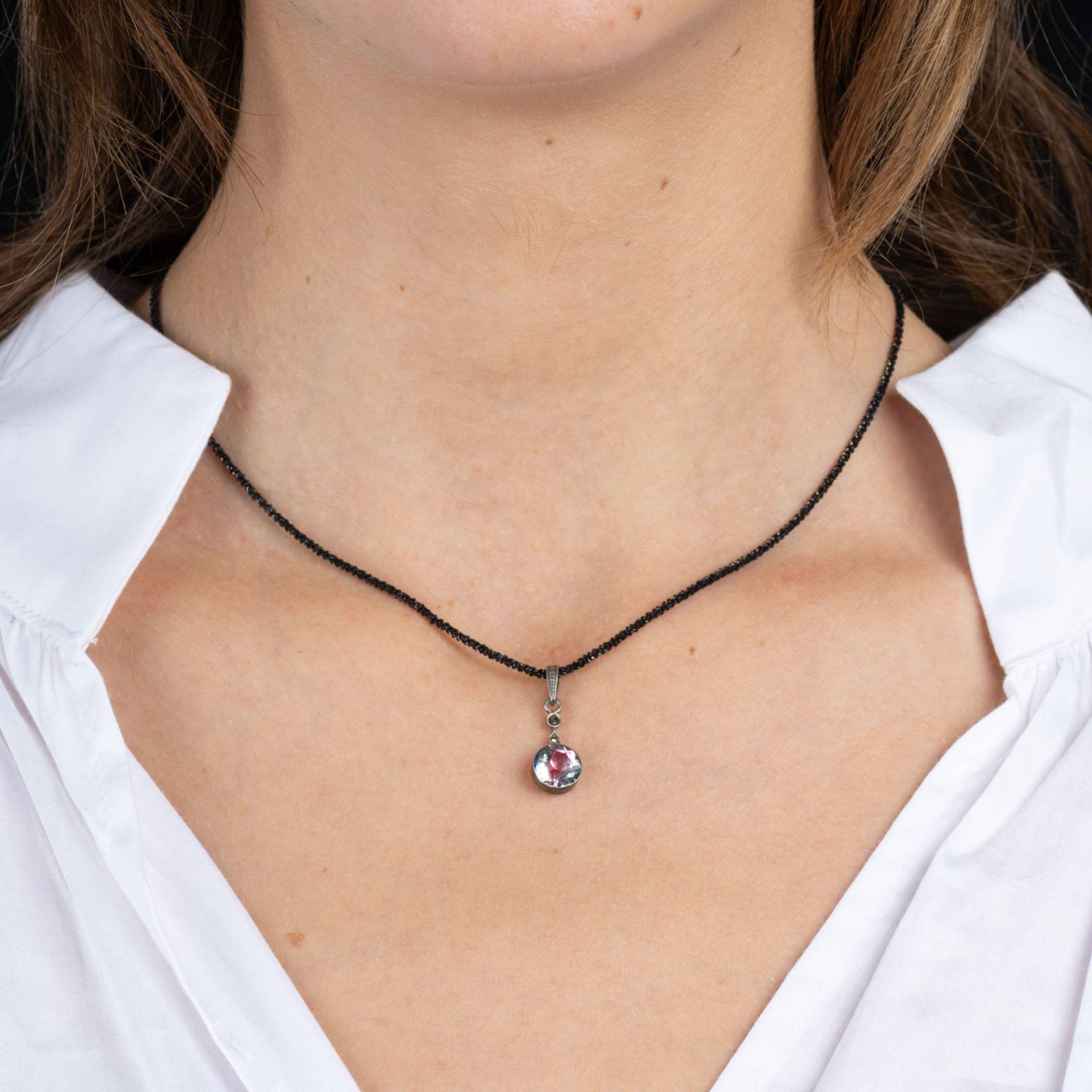 Vintage Rheinkiesel Anhänger Mit Markasiten, 835 Silber, Diamantierte Kette 925 Silber Geschwärzt, Aufgearbeitet, Einzelstück, 42cm Lang von mishmishSchmuck