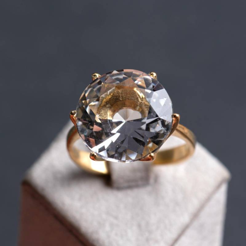 Vintage Ring Mit Großem Bergkristall Solitär, 835 Silber Neu 18K Gold Plattiert, Größenverstellbar, 60Ties Unikat Komplett Aufgearbeitet von mishmishSchmuck