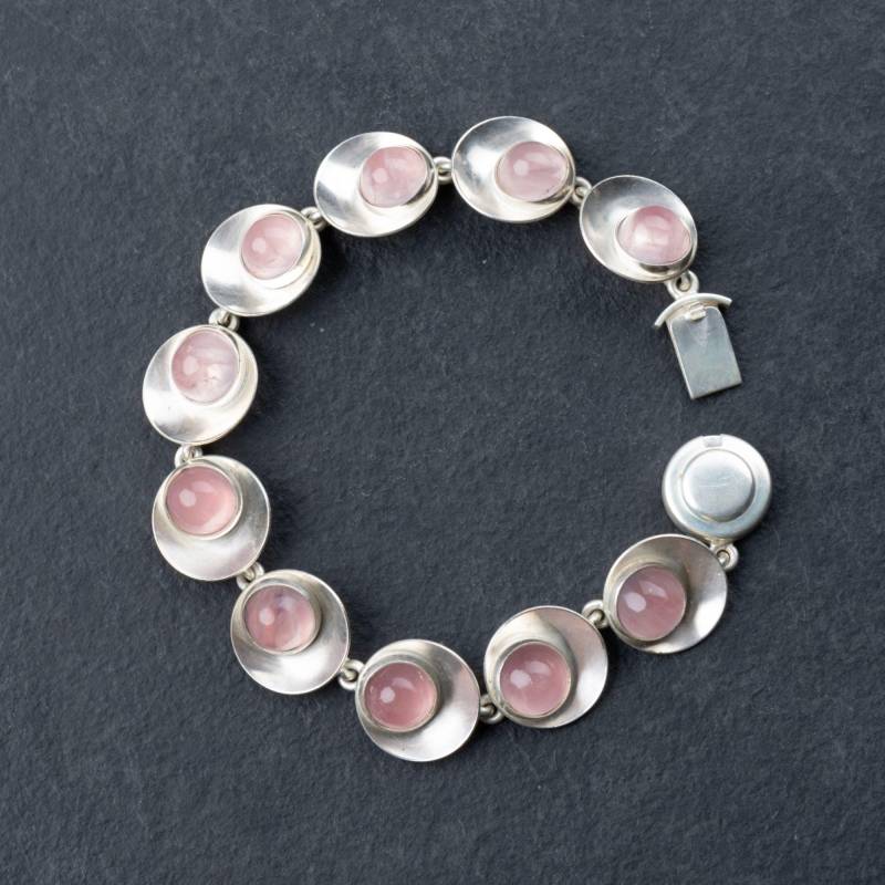 Vintage Sterling Armband Mit Rosenquarz Cabochons, N. E. From, 925 Silber, Neu Plattiert 999 Feinsilber, Unikat Komplett Aufgearbeitet von mishmishSchmuck