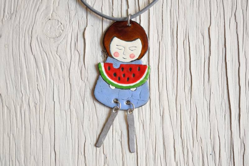 Emaille Halskette, Essen Wassermelonen, Wassermelonen Kleines Mädchen Schmuck, Melonen Obst Fruchtig Emaille Halskette, Essen Wassermelonen, Wassermelonen Kleines Mädchen Schmuck, Melonen Obst Fruchtig von miskka