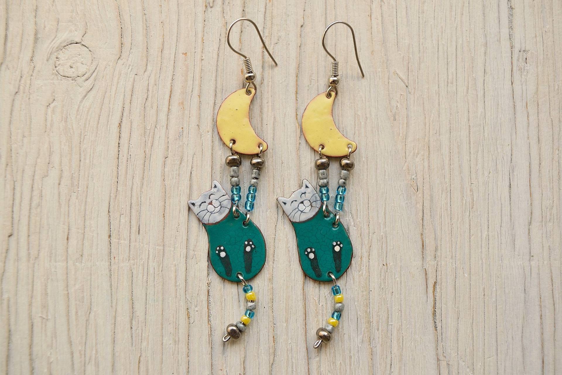 Emaille Ohrringe, Katzen Schmuck, Ohrringe, Boho Türkis, Für Katzenfans Emaille Ohrringe, Katzen Schmuck, Ohrringe, Boho Türkis, Für Katzenfans von miskka