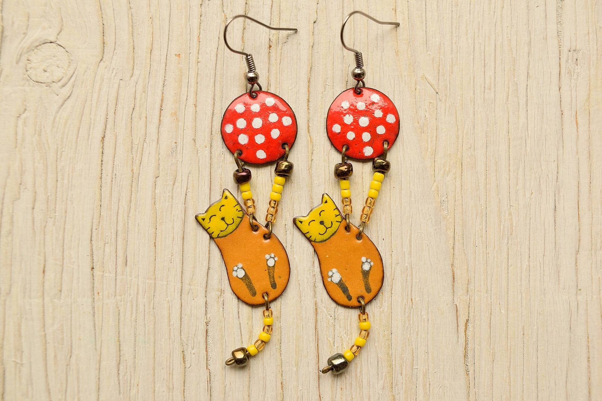 Emaille Ohrringe, Katzen Schmuck, Polka Dots, Ohrringe, Boho Braune Katze, Kätzchen, Ocker Schmuck Emaille Ohrringe, Katzen Schmuck, Polka Dots, Ohrringe, Boho Braune Katze, Kätzchen, Ocker Schmuck von miskka