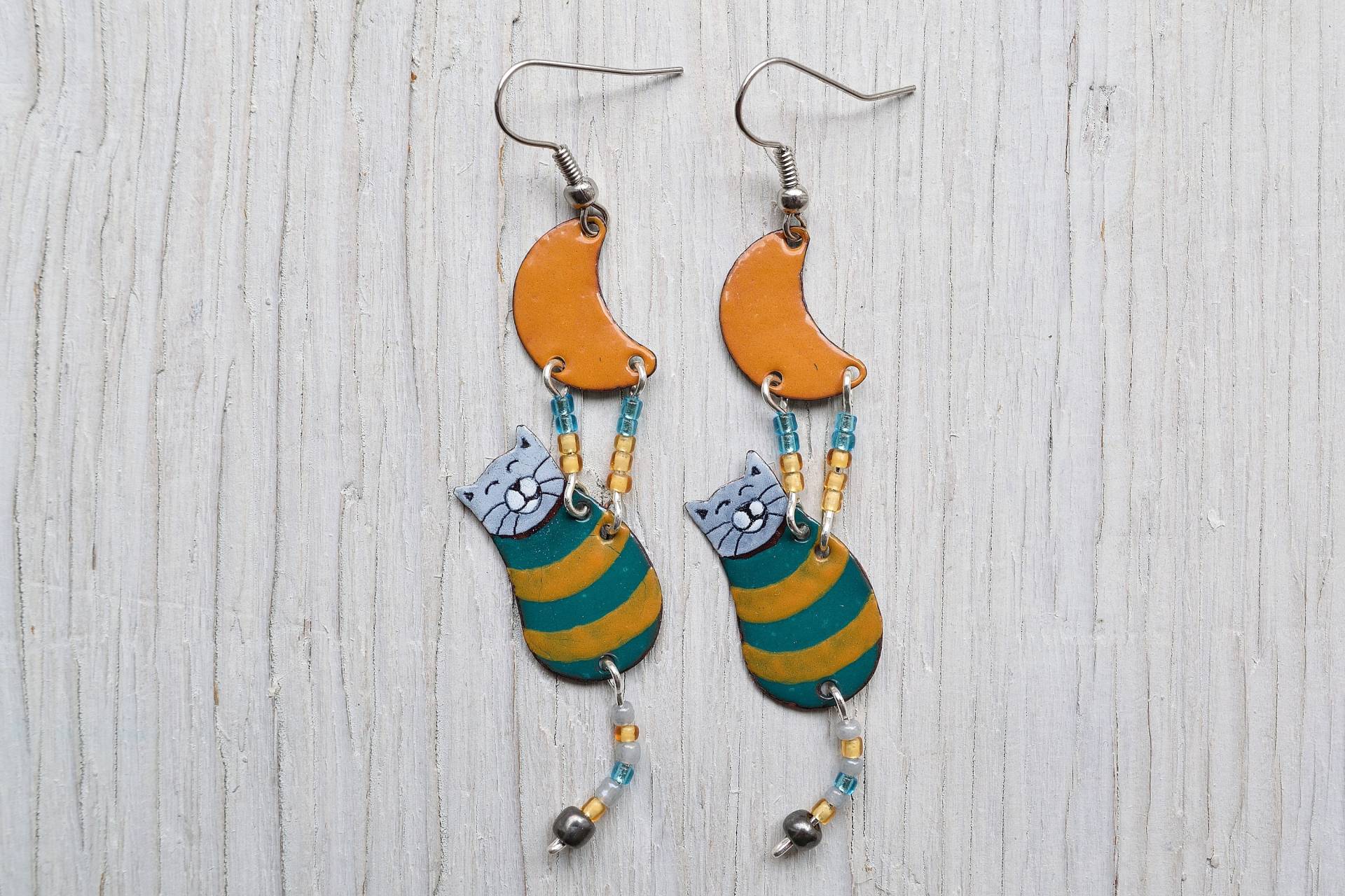 Emaille Ohrringe, Katzenohrringe, Schmuck, Gestreift, Katzenschmuck, Katzenförmige Türkis, Orange Mond, Mond von miskka