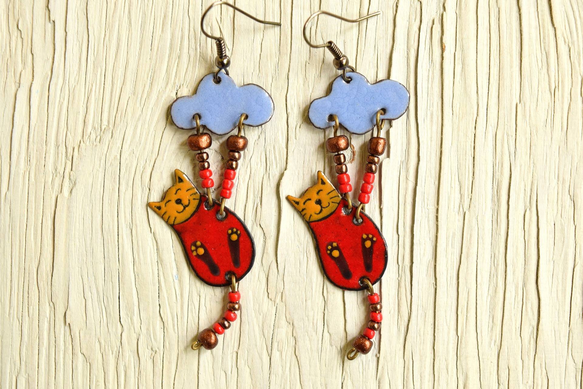 Emaille Ohrringe, Katzenohrringe, Schmuck, Wolke, Katzenschmuck, Katzenförmige Boho Rote Katze, Kätzchen, Blaue Rot Emaille Ohrringe, Katzenohrringe, Schmuck, Wolke, Katzenschmuck, Katzenförmige Boho Rote Katze, Kätzchen, Blaue Rot von miskka