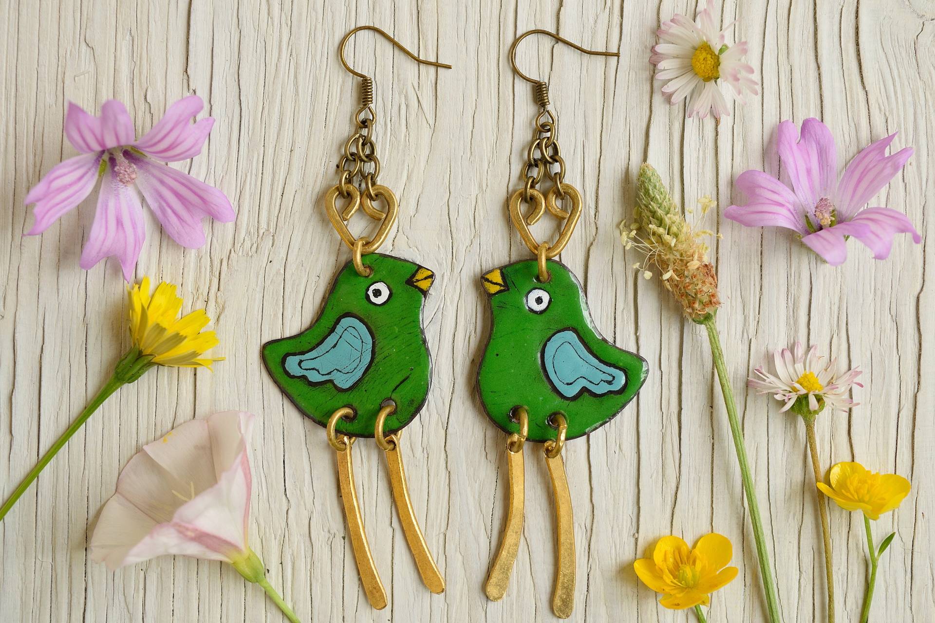 Emaille Ohrringe, Schmuck, Grüner Vogel Grünfink, Vogel Emaille Ohrringe, Schmuck, Grüner Vogel Grünfink, Vogel von miskka
