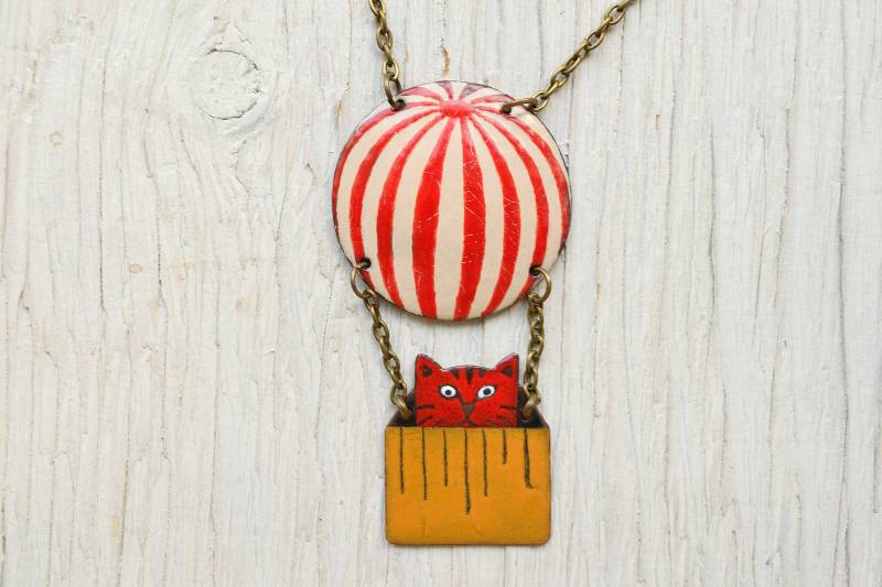 Rote Katze Anhänger, Emaille Halskette, Schmuck, Luftballon, Boho Katzen Form Katze Rote Katze Anhänger, Emaille Halskette, Schmuck, Luftballon, Boho Katzen Form Katze von miskka