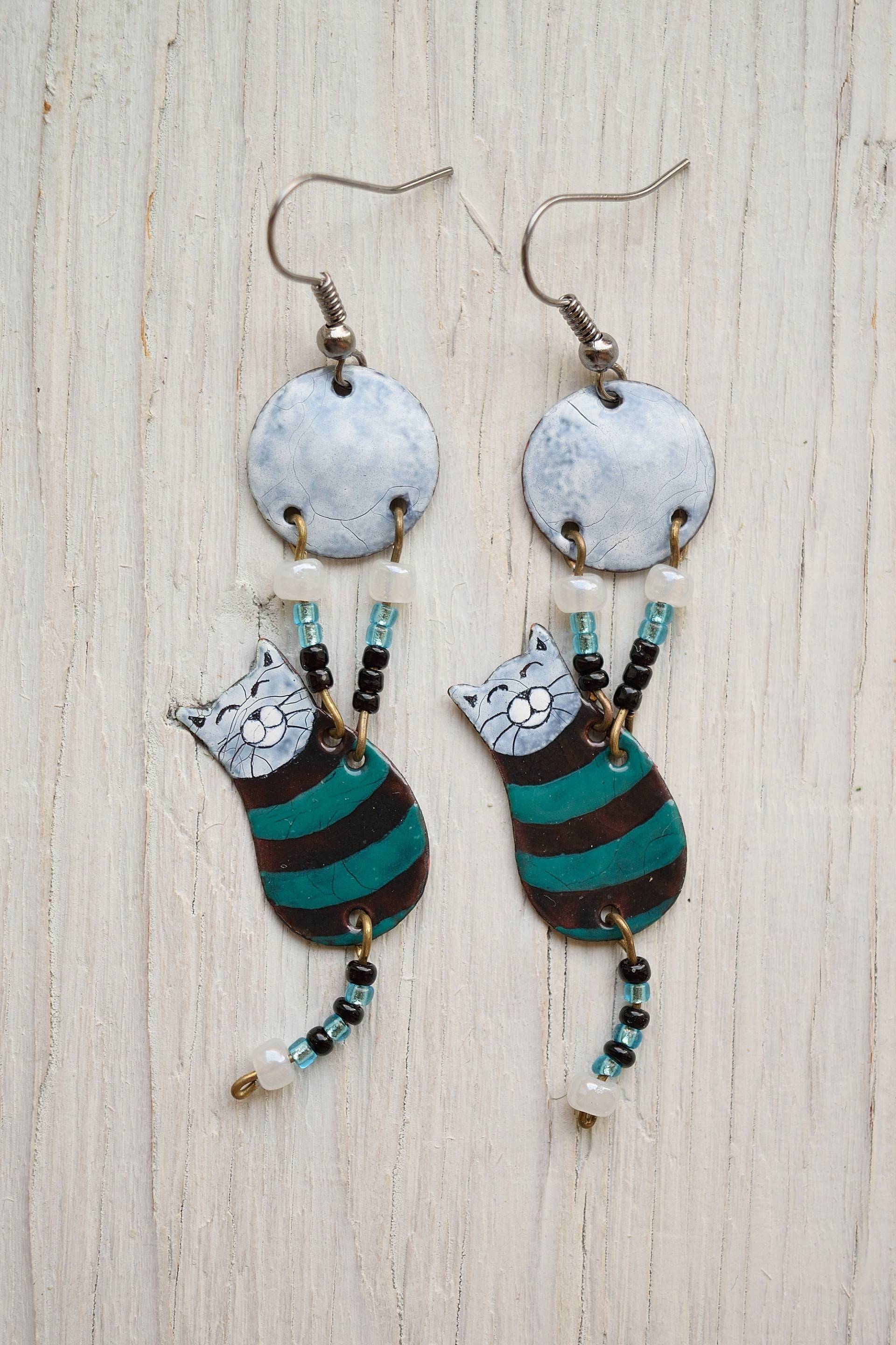 Türkise Katzen Ohrringe, Schwarze Schmuck, Katze Und Mond, Schwarz Gestreift, Mond Türkise Katzen Ohrringe, Schwarze Schmuck, Katze Und Mond, Schwarz Gestreift, Mond von miskka