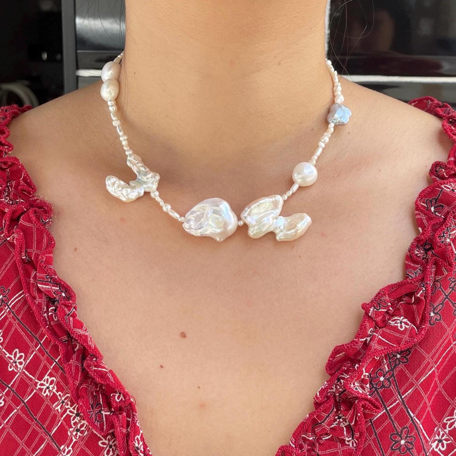 Irregular Real Freshwater Baroque Pearl Necklace, Stainless Steel, Statement Natural Gift For Her Irregular Real Freshwater Baroque Pearl Necklace, Stainless Steel, Statement Natural Gift For Her von misomelabel