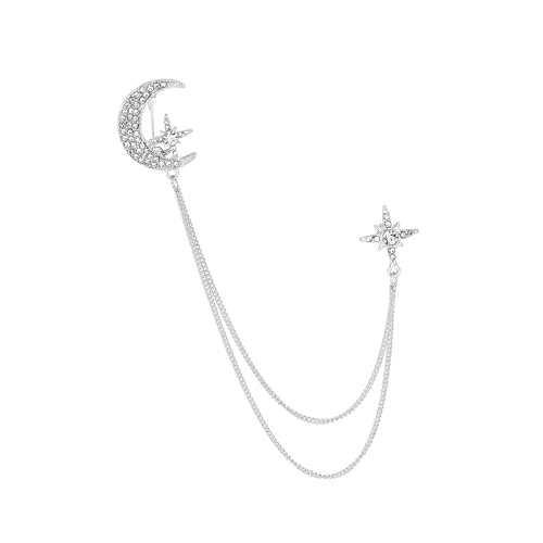 Brosche mit Kette Mond und Stern Strass Quaste Kragen Zubehör Brosche dekorative schicke Anstecknadel für Herren Anzüge Krawatte Hut Schal Silber 15,2 cm von misppro