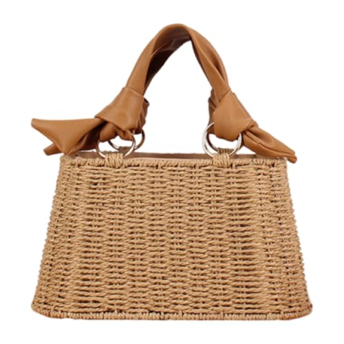 misppro Strandtasche für Damen, Retro-Design, Einkaufstasche, Papierseil, gewebte Tragetasche mit PU-Ledergriff, 27 x 10 x 25 cm, Braun von misppro