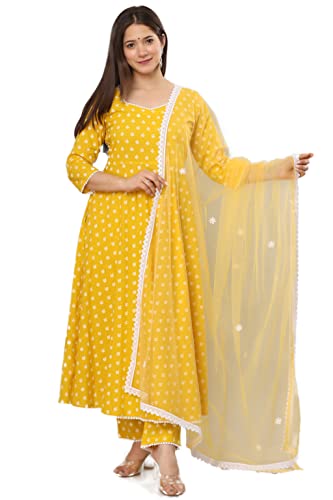 miss fame Damen Baumwolle Anarkali Kurta mit Hose und Dupatta, Gelb, S von miss fame