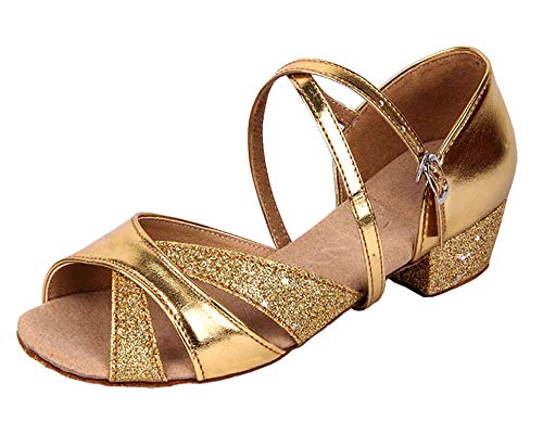 Mädchen Salsa Tanzschuhe Kinder Glitzer Latein Tango Ballsaal Schuhe mit Weiche Sohlen(28 EU, Gold) von missfiona