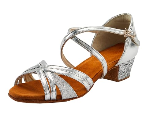 Mädchen Tanzschuhe Latein Ballroom mit Glitter | 3.5cm Blockabsatz | Rutschfeste Lederlaufsohle(32 EU, Silber) von missfiona