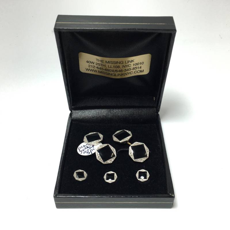 Art Deco 14K Gold Und Platinum Tops Diamant Onyx Manschettenknöpfe Mit Passenden Hemdohrstecker in Box. Ca. 1920Er Jahre Groomsmen Geschenke von missinglinknyc