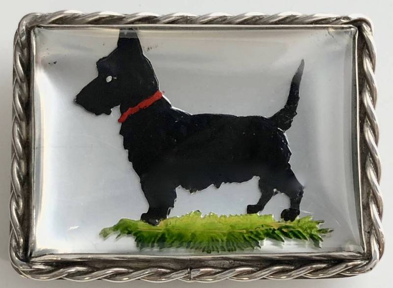 Seltene Vincent Simone Sterling Silber Scottie Brosche Von 1930 - Reverse Carved Handbemalter Kristall von missinglinknyc