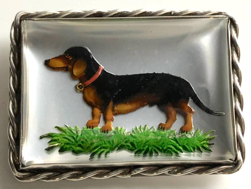 Seltene Vintage Reverse Geschnitzte Handbemalte Kristallglas Dackel Sterling Silber Brosche Pin von missinglinknyc