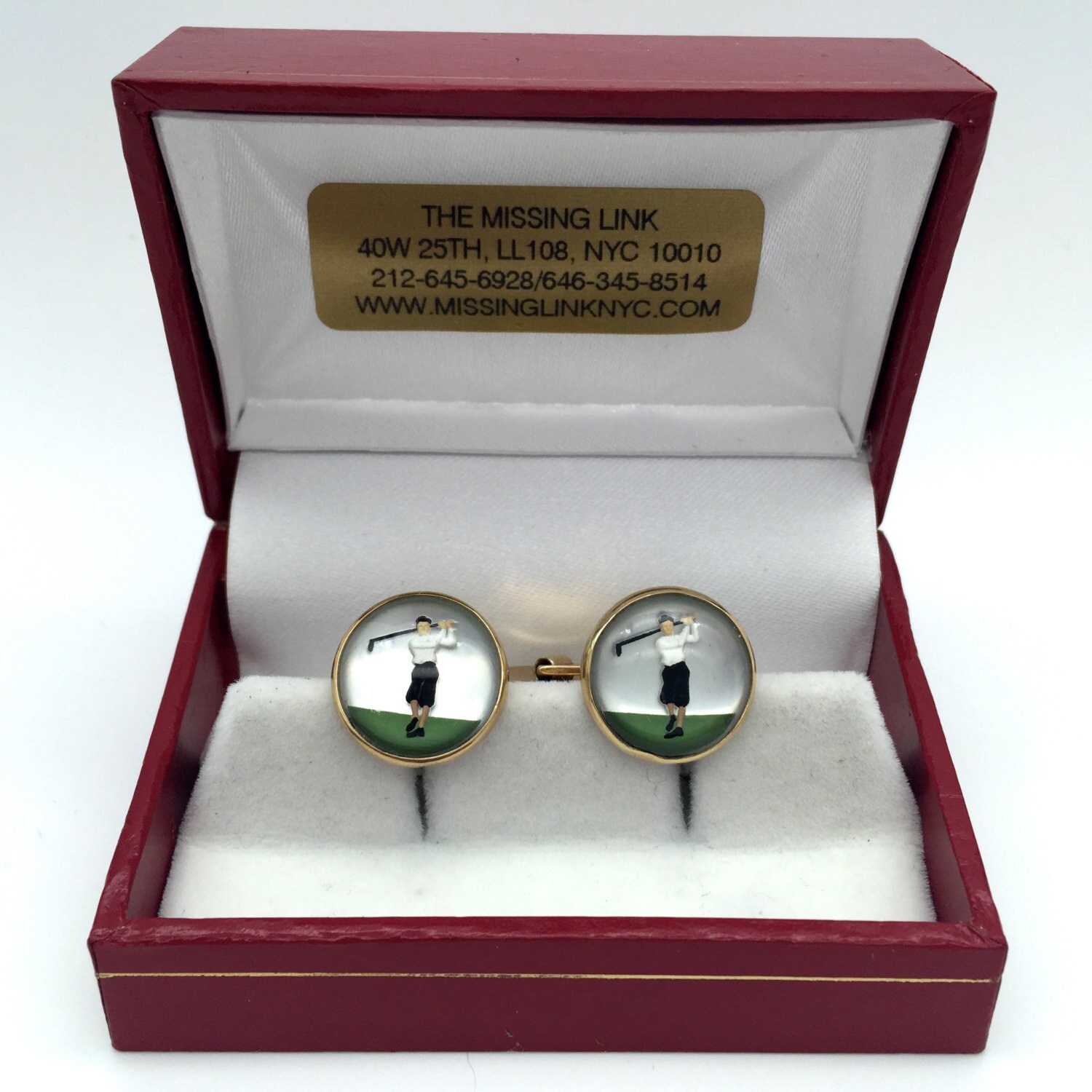 Vintage 14K Gold Reverse Geschnitzte Handbemalte Kristall Golf Crystal Style Manschettenknöpfe Mit Box Vintage 14K Gold Reverse Geschnitzte Handbemalte Kristall Golf Crystal Style Manschettenknöpfe Mit Box von missinglinknyc