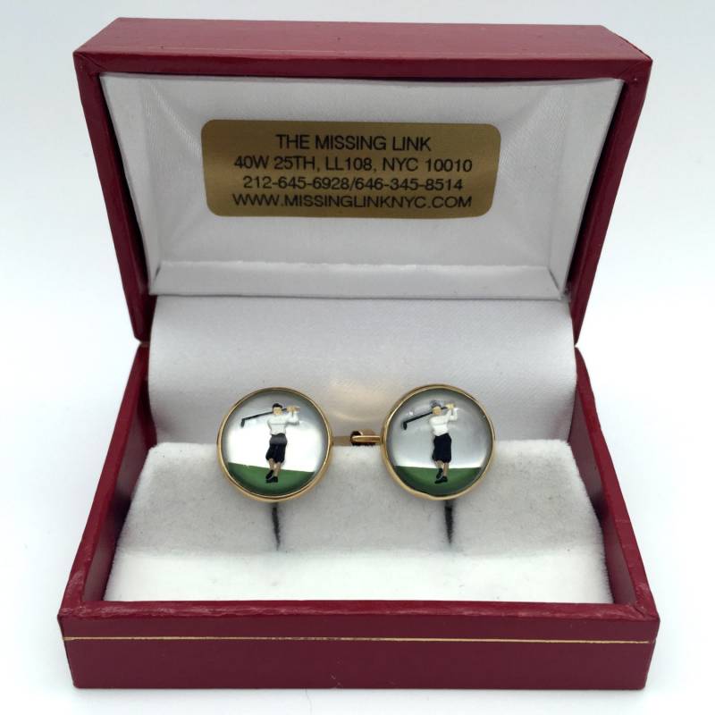 Vintage 14K Gold Reverse Geschnitzte Handbemalte Kristall Golf Crystal Style Manschettenknöpfe Mit Box von missinglinknyc