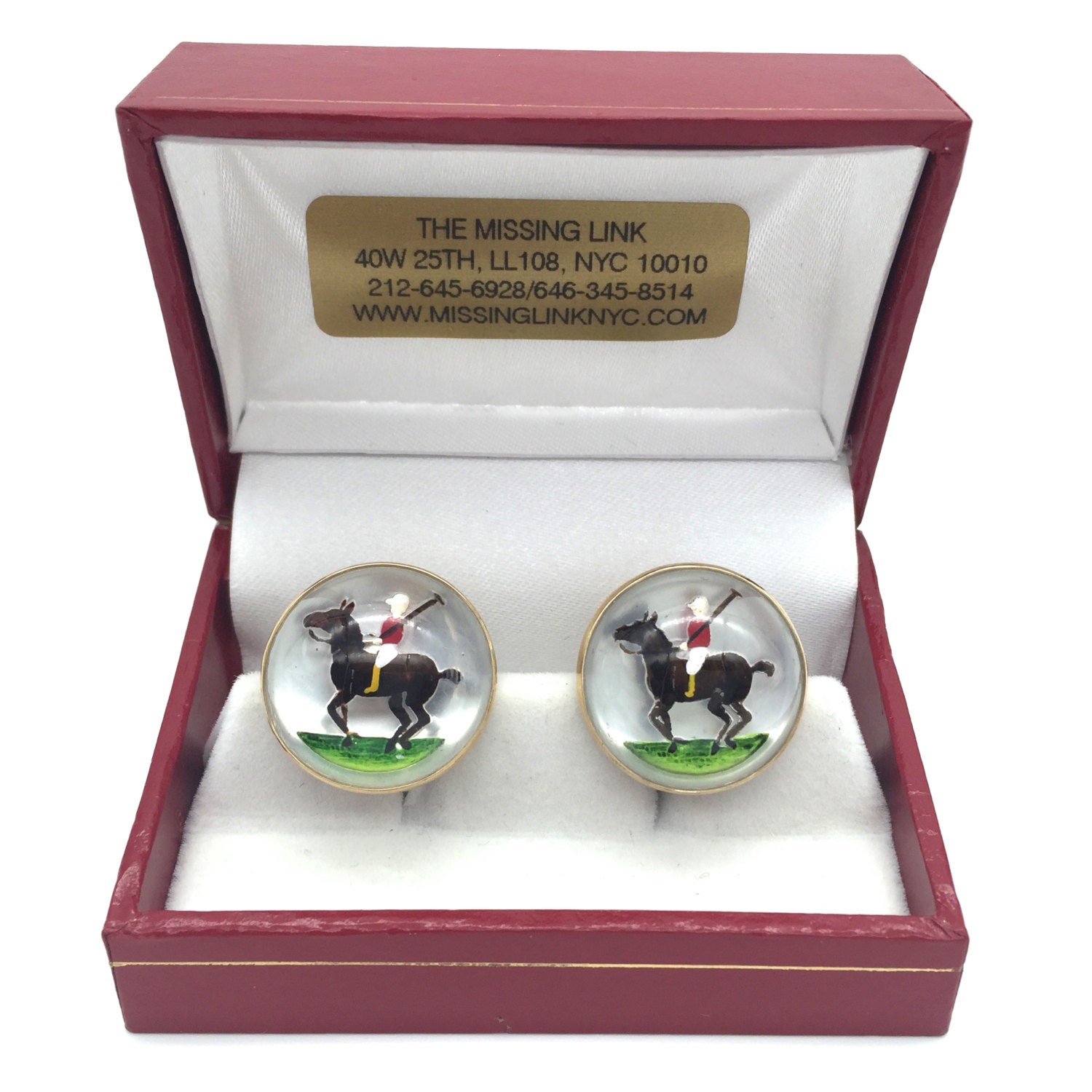 Vintage 14K Gold Reverse Geschnitzte Handbemalte Kristall Polospieler Manschettenknöpfe Mit Box von missinglinknyc