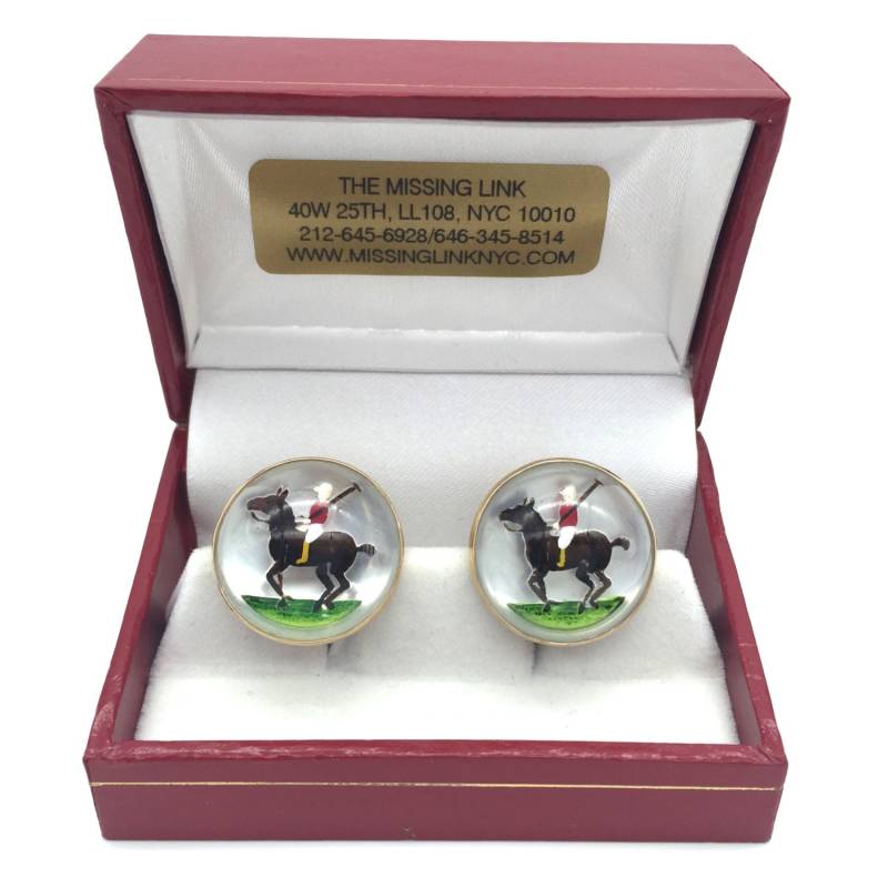 Vintage 14K Gold Reverse Geschnitzte Handbemalte Kristall Polospieler Manschettenknöpfe Mit Box von missinglinknyc
