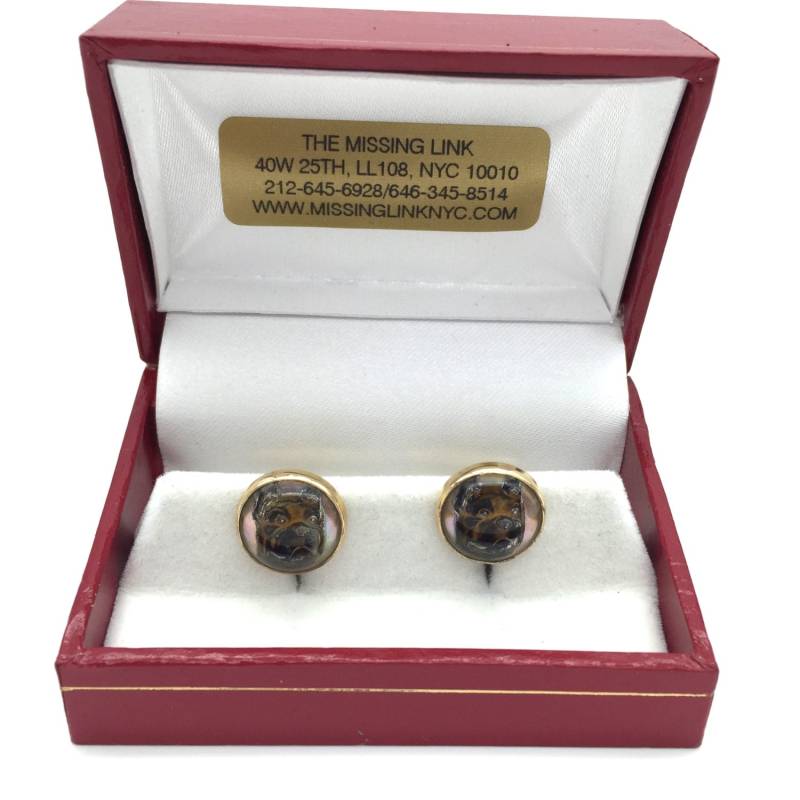 Vintage 14K Gold Reverse Geschnitzte Handgemalte Kristall Boxer Hund 13mm Manschettenknöpfe Mit Box von missinglinknyc