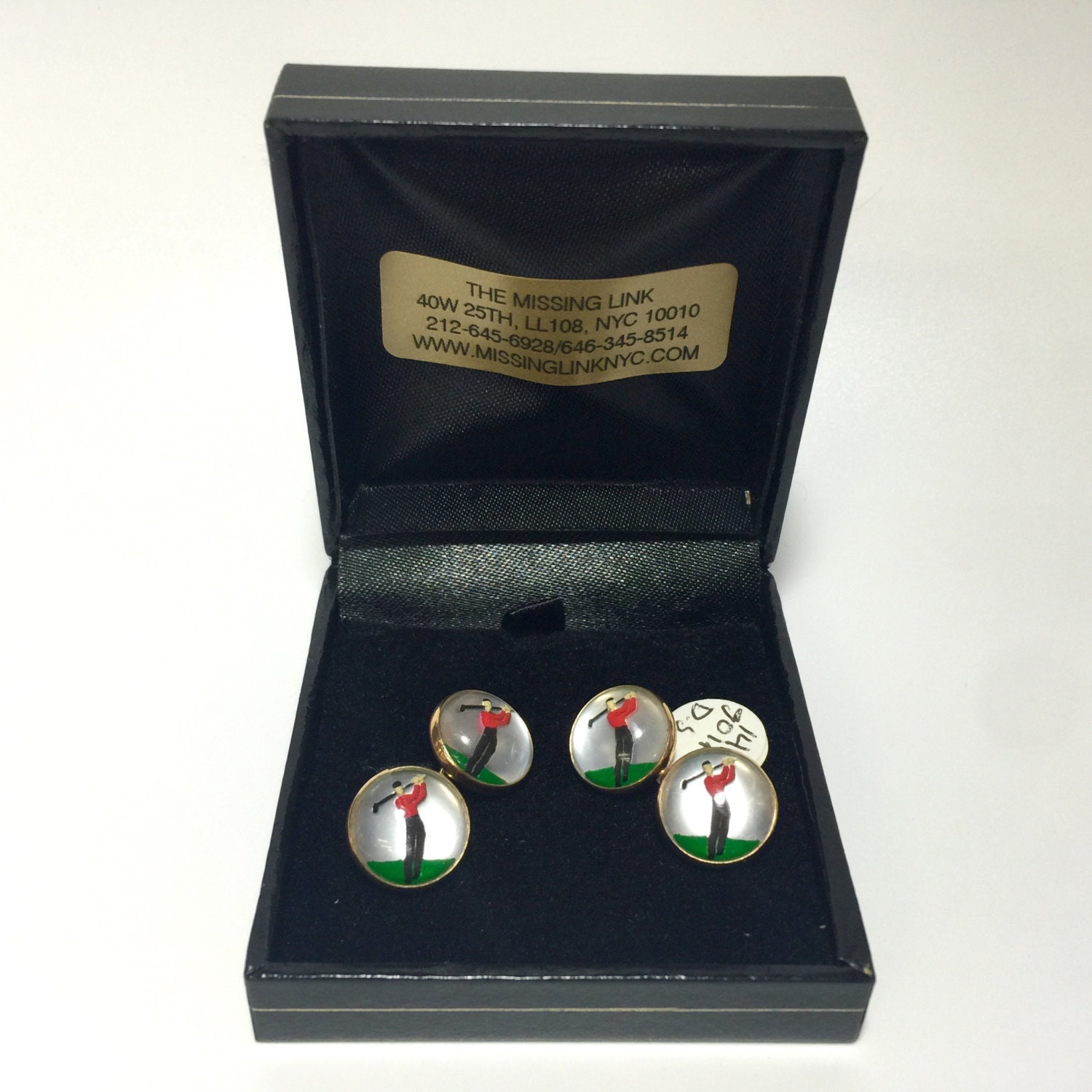Vintage 14K Gold Reverse Geschnitzte Handgemalte Kristall Golf Golfer Doppelseitige Kettenglied-Manschettenknöpfe Mit Box Vintage 14K Gold Reverse Geschnitzte Handgemalte Kristall Golf Golfer Doppelseitige Kettenglied-Manschettenknöpfe Mit Box von missinglinknyc