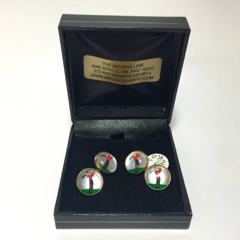 Vintage 14K Gold Reverse Geschnitzte Handgemalte Kristall Golf Golfer Doppelseitige Kettenglied-Manschettenknöpfe Mit Box von missinglinknyc