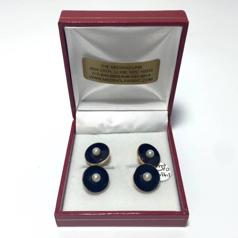 Vintage 14K Gold Und Schwarzer Onyx Mit Perlen Doppelseitige Kettenglied-Manschettenknöpfe Box Circa. 1930Er Jahre von missinglinknyc
