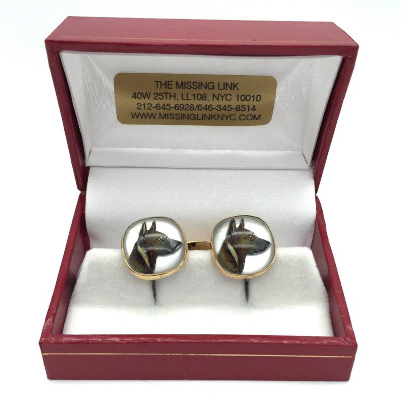 Vintage Reverse Carved Handbemalte Glas Hund Crystal Style 14K Gold Manschettenknöpfe Mit Box von missinglinknyc