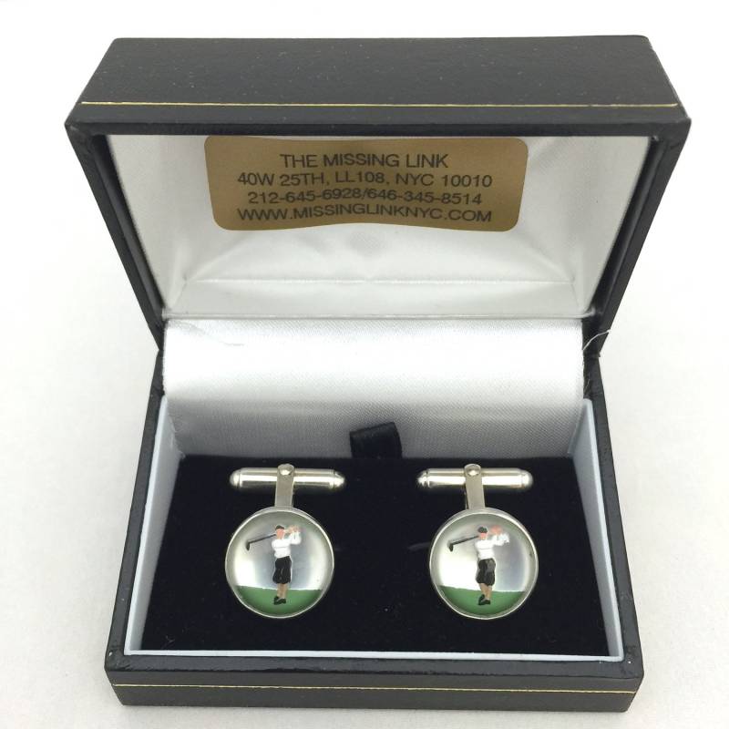 Vintage Reverse Geschnitzte Handbemalte Glas Golfer Crystal Style Sterling Silber Manschettenknöpfe Mit Box von missinglinknyc