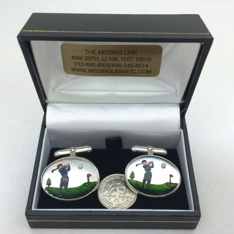 Vintage Reverse Geschnitzte Handbemalte Glas Golfer Crystal Style Sterling Silber Oval Manschettenknöpfe Mit Box von missinglinknyc